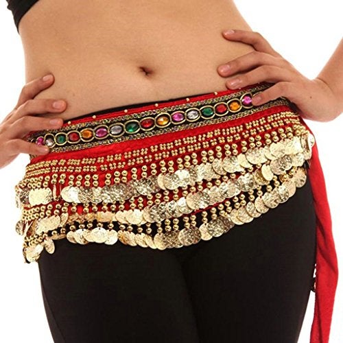 VRITRAZ Women's Velvet Belly Dance Hip Scarf Waistband Belt Skirt with Multi Color Beads and 248 Ringy Golden Coins 248 Red - Image 5