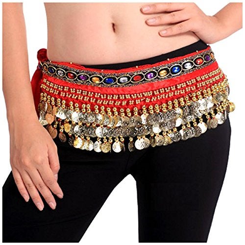 VRITRAZ Women's Velvet Belly Dance Hip Scarf Waistband Belt Skirt with Multi Color Beads and 248 Ringy Golden Coins 248 Red - Image 1