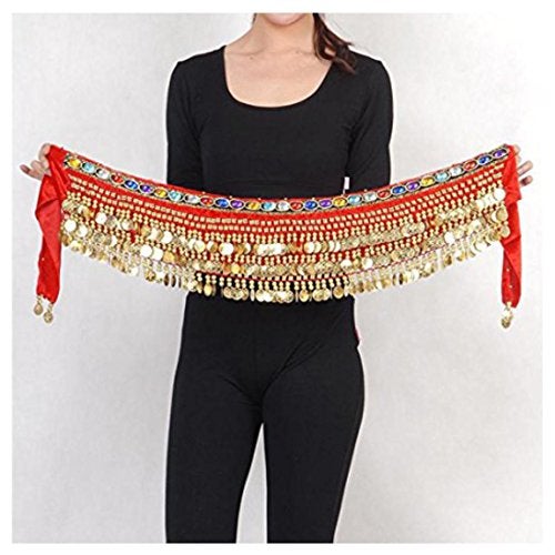 VRITRAZ Women's Velvet Belly Dance Hip Scarf Waistband Belt Skirt with Multi Color Beads and 248 Ringy Golden Coins 248 Red - Image 3
