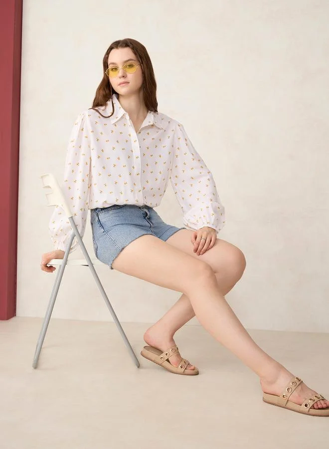 Outzidr  White Balloon Sleeve Printed Crop Shirt for Women | Best Price UAE