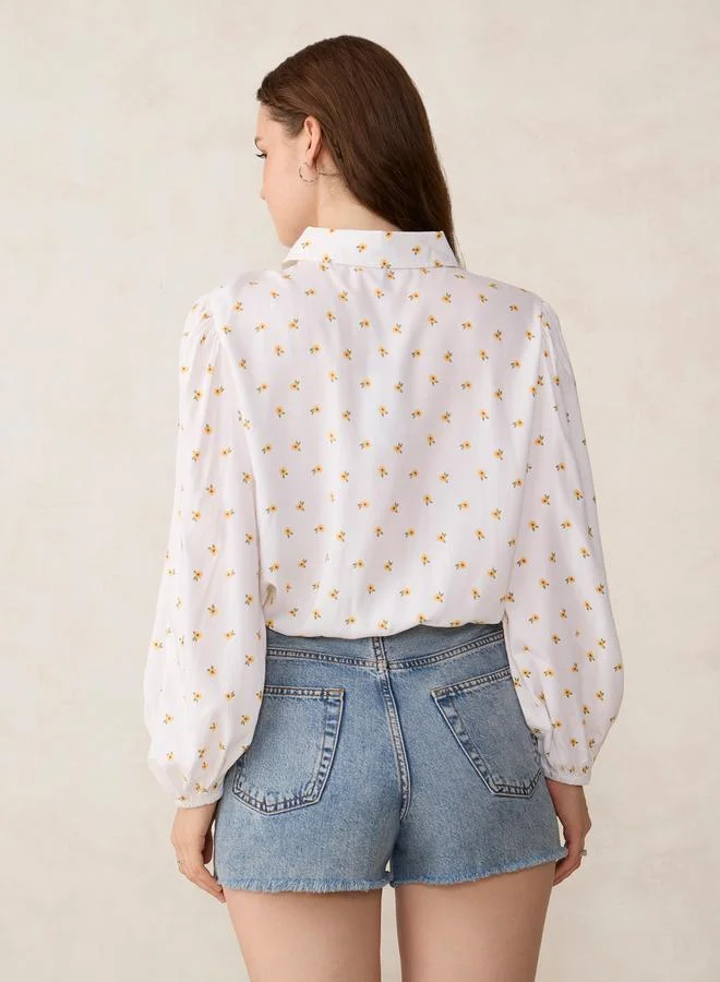Outzidr  White Balloon Sleeve Printed Crop Shirt for Women | Best Price UAE