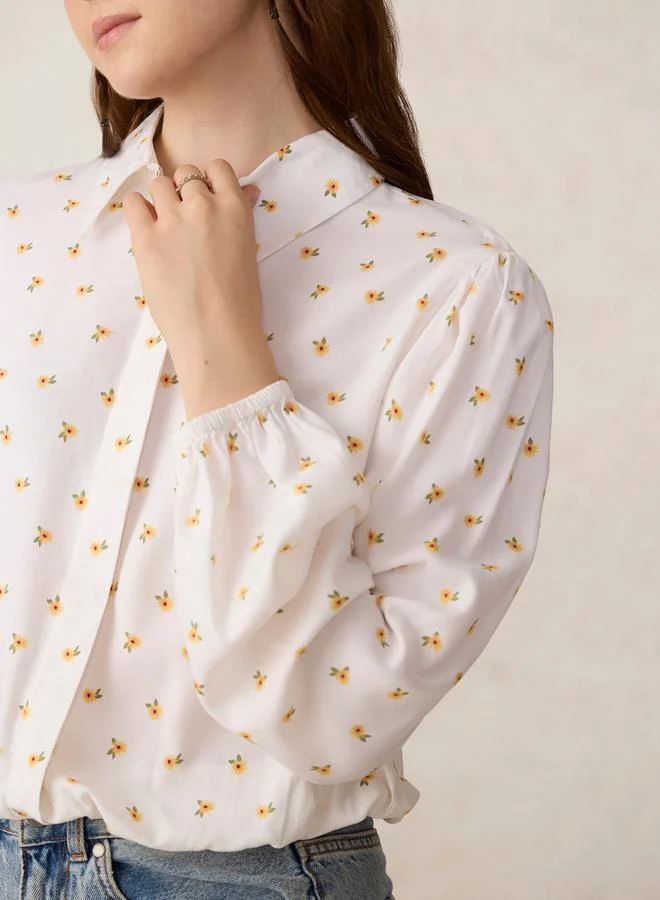 Outzidr  White Balloon Sleeve Printed Crop Shirt for Women | Best Price UAE