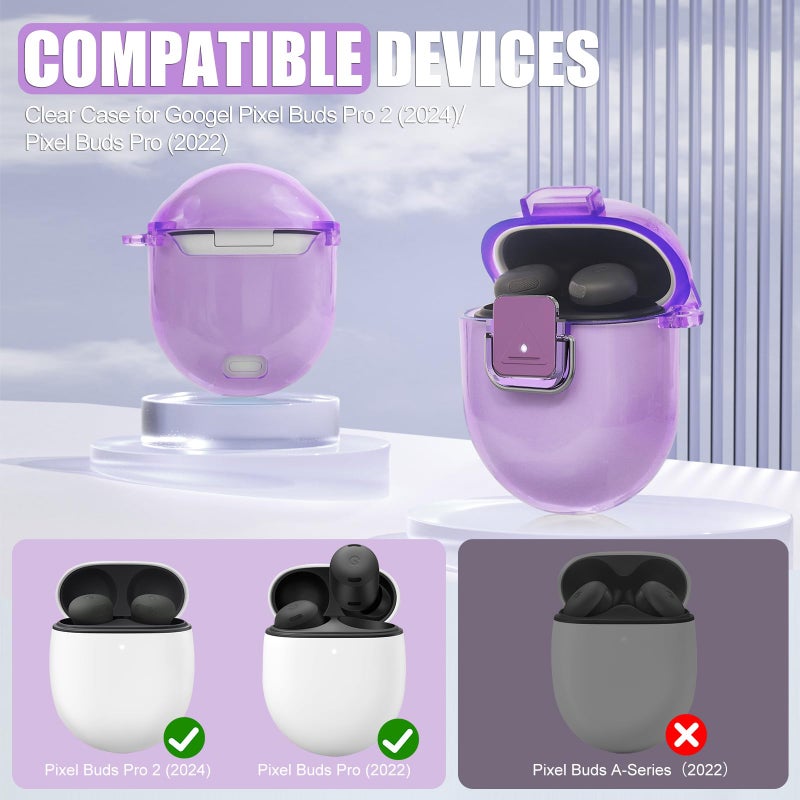 SGHLDE for Google Pixel Buds Pro 2 Case Cover with Lock Clip, Clear TPU Case for Google Pixel Buds Pro1/2, Shockproof Protective Case Skin wtih Keychain & Cleaner Kit for Girly/Women/Man (Clear Purple) - Image 2