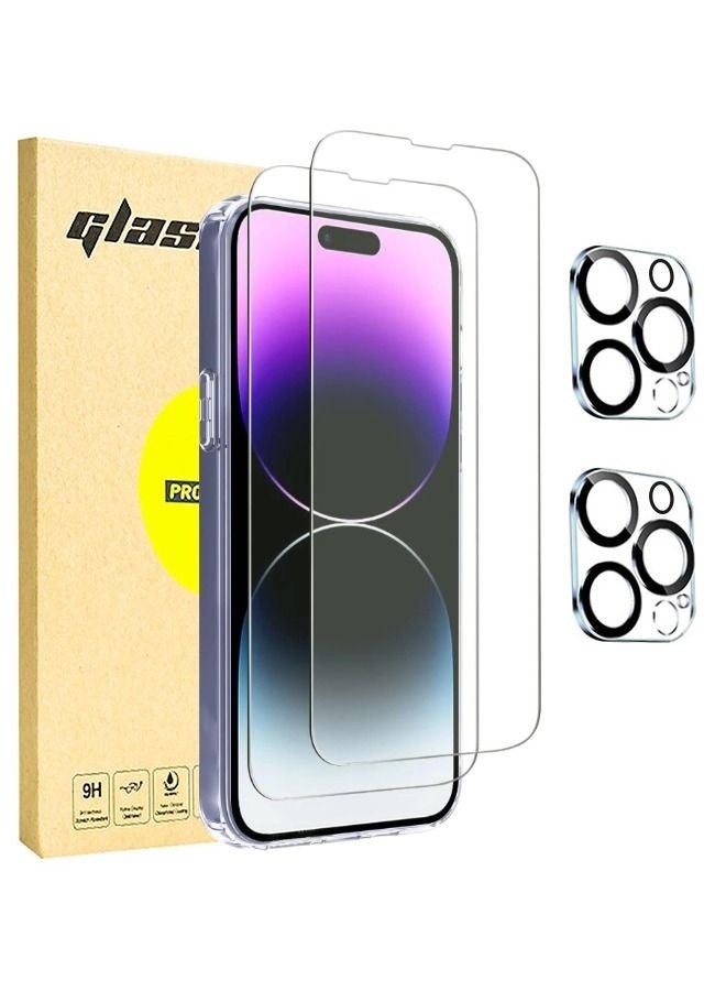 جلاس قطعتان من واقي الشاشة الزجاجي المقوى لهاتف iPhone 15 Pro Max + قطعتان من مجموعة واقي عدسة الكاميرا، طبقة زجاجية عالية الدقة صلابة 9H مقاومة للخدش (معلبة، ملحقات التثبيت متضمنة) - Image 1