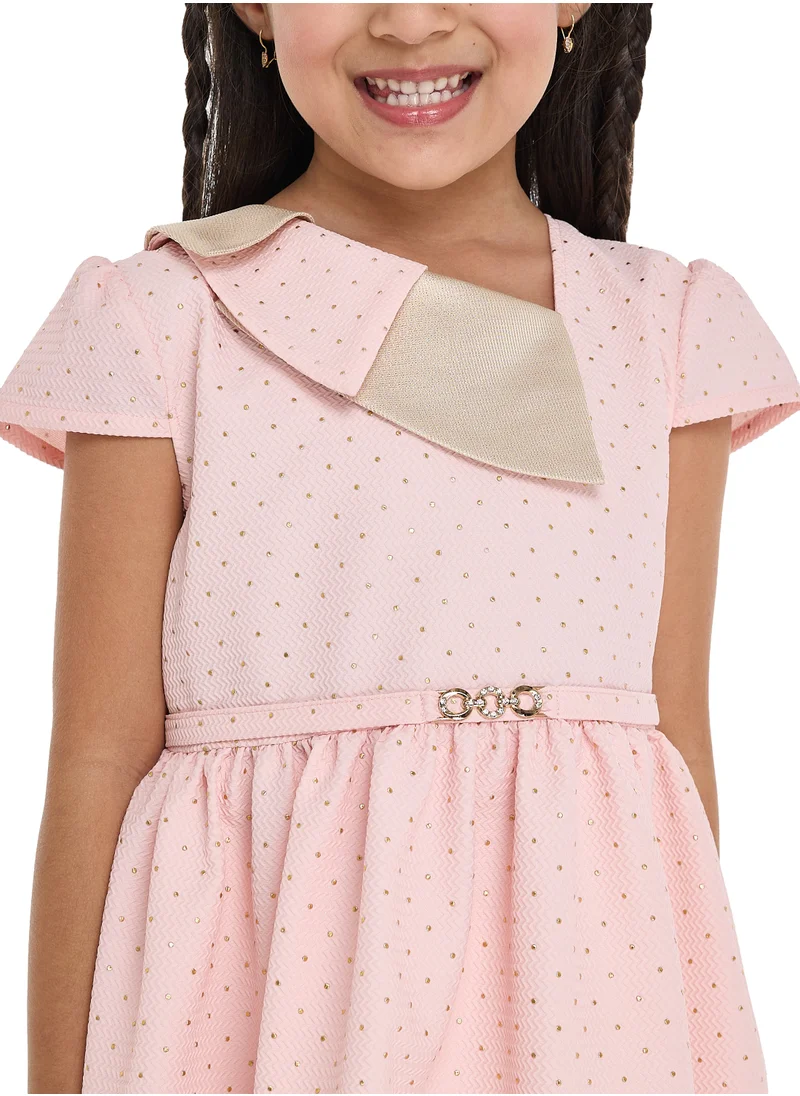 victor and jane Chic Pink/Gold Lapel Jacquard Dress