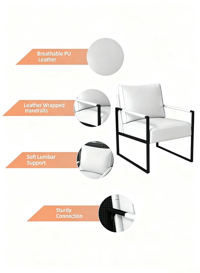 TELANPU Modern PU Leather Accent Chair with Lumbar Pillow, Comfortable Armchair with Sturdy Metal Frame and Leather Wrapped Handrails, Mid-Century Reading Chair for Living Room, Bedroom, Office, White - Image 2