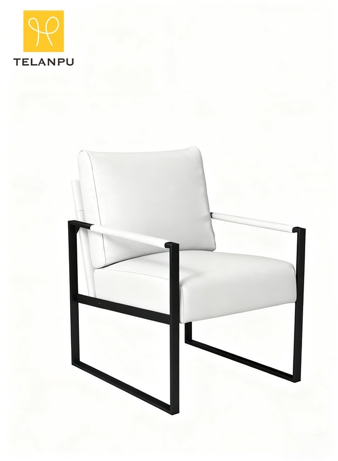 TELANPU Modern PU Leather Accent Chair with Lumbar Pillow, Comfortable Armchair with Sturdy Metal Frame and Leather Wrapped Handrails, Mid-Century Reading Chair for Living Room, Bedroom, Office, White - Image 1