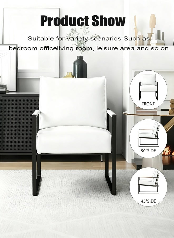 TELANPU Modern PU Leather Accent Chair with Lumbar Pillow, Comfortable Armchair with Sturdy Metal Frame and Leather Wrapped Handrails, Mid-Century Reading Chair for Living Room, Bedroom, Office, White - Image 3