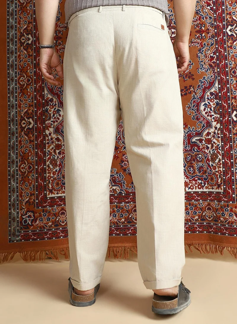 Instafab Plus  Instafab Plus Men's Ecru Beige Linen-Blend Cuffed Trousers For Casual Wear | Mid-Rise | Regular Fit | Button Closure | Plus Size Trousers Crafted With Comfort Fit For Everyday Wear for Men | Best Price UAE