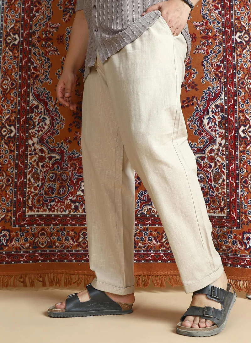 Instafab Plus  Instafab Plus Men's Ecru Beige Linen-Blend Cuffed Trousers For Casual Wear | Mid-Rise | Regular Fit | Button Closure | Plus Size Trousers Crafted With Comfort Fit For Everyday Wear for Men | Best Price UAE