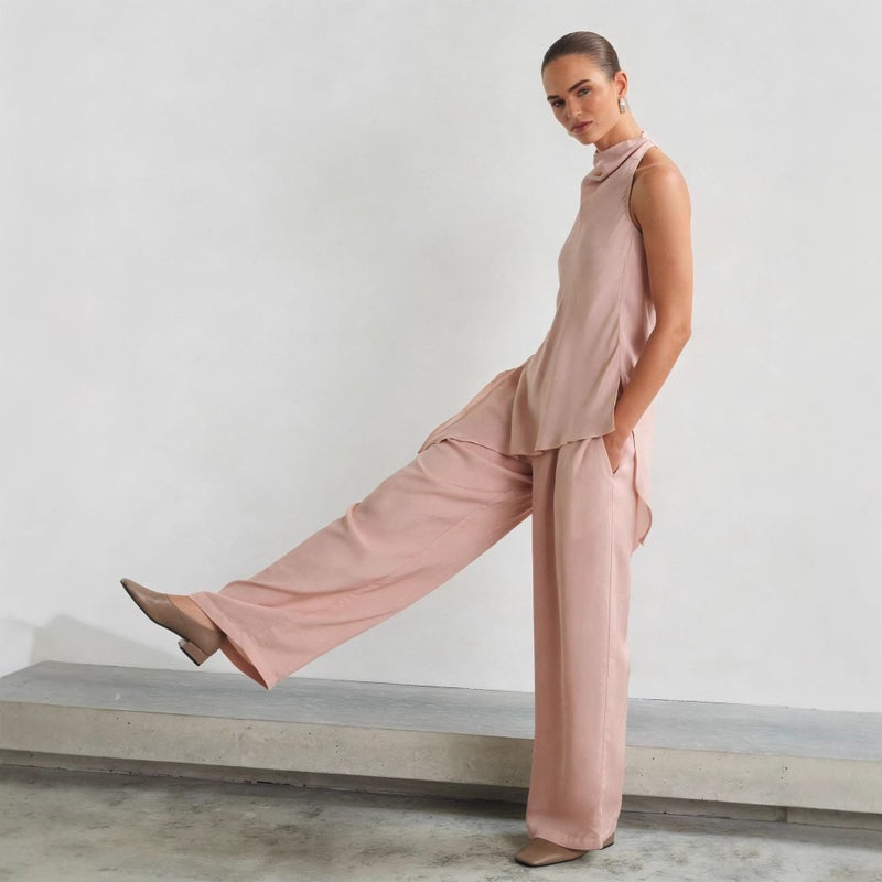 Women's Sleeveless High Neck Wide Leg Pants Set Casual Two Piece Outfit - Image 2
