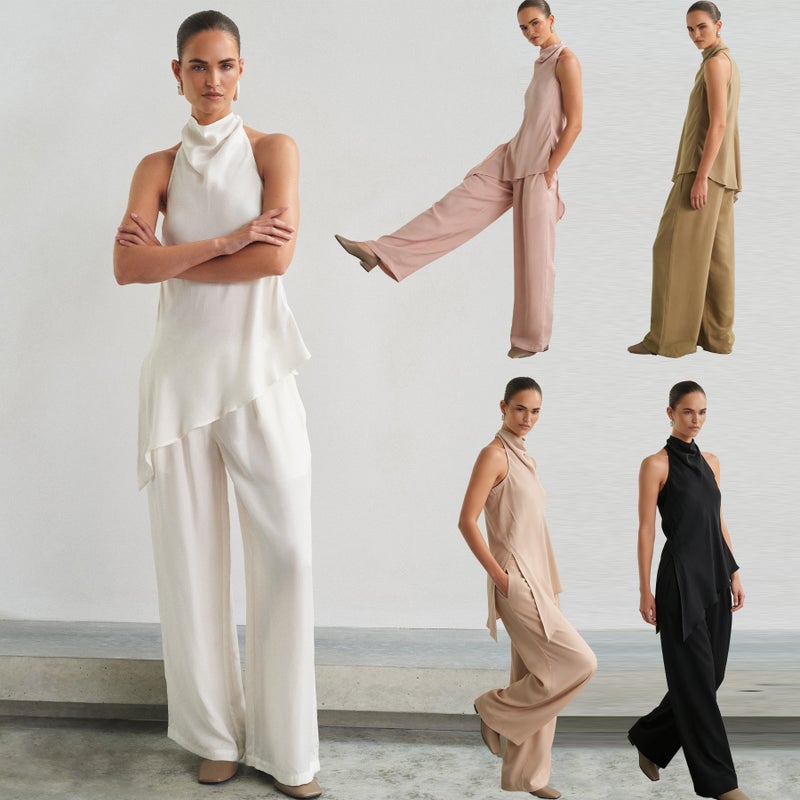 Women's Sleeveless High Neck Wide Leg Pants Set Casual Two Piece Outfit - Image 1