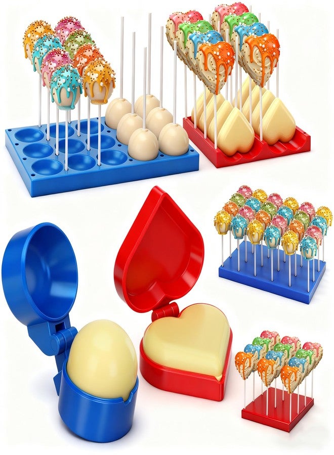 Yiyiring 2 Pack Round and Heart Cake Pop Mold Press Set with Display Stand-capable Tray, Circle Cake Pop Cutter and Pusher, Baking Tools Accessories for Home Baking, Parties, Wedding Desserts - Image 1