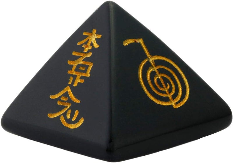 mookaitedecor Obsidian Crystal Pyramid Stone with Engraved Chakra Symbol, Healing Crystals Energy Generator for Reiki Meditation Divination Decoration