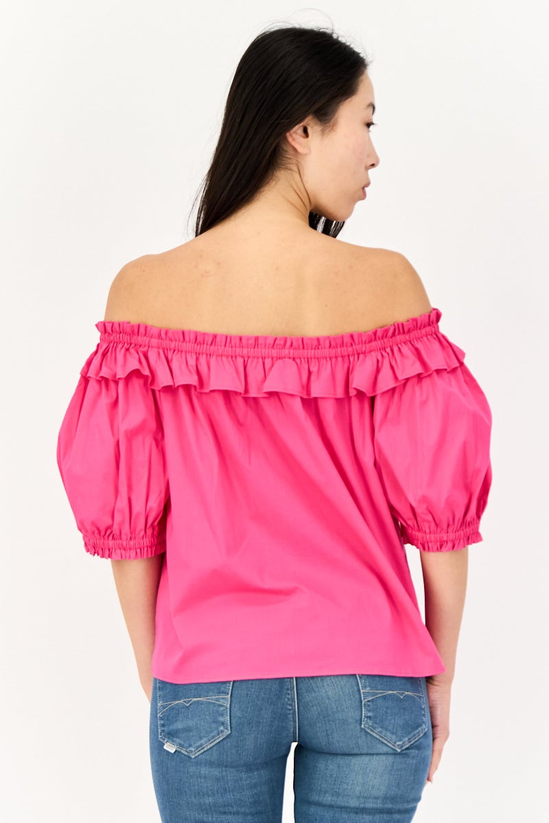 SALSA Women Square Neck Cold Shoulder Ruffle Detail Blouse, Dark Pink - Image 3