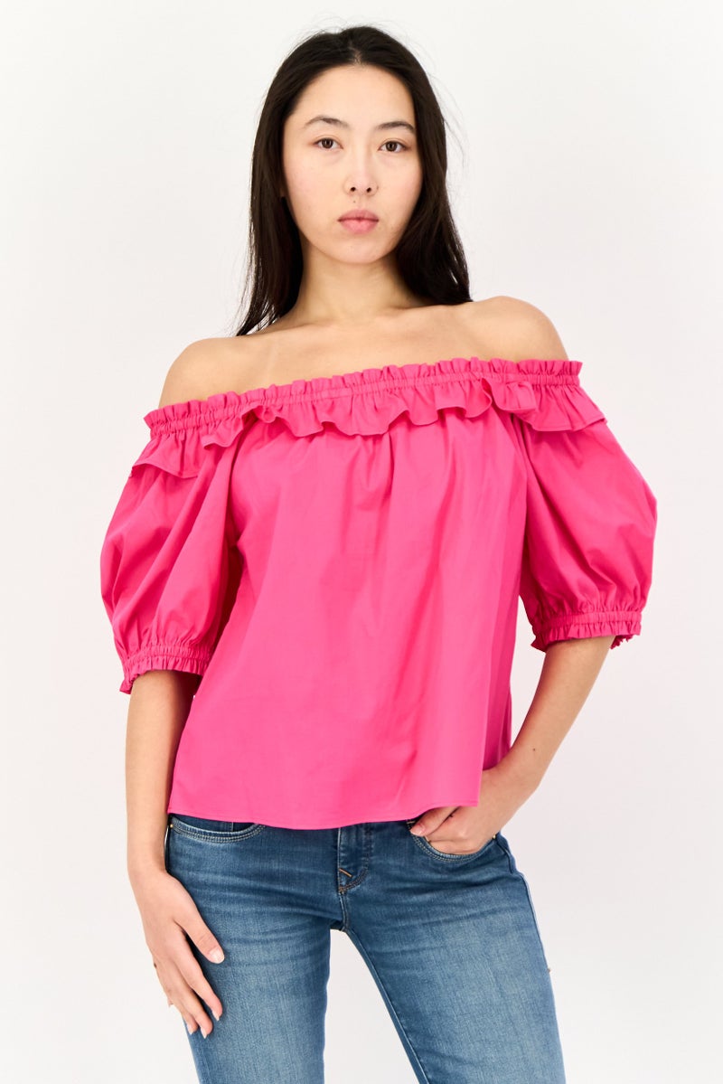SALSA Women Square Neck Cold Shoulder Ruffle Detail Blouse, Dark Pink - Image 1