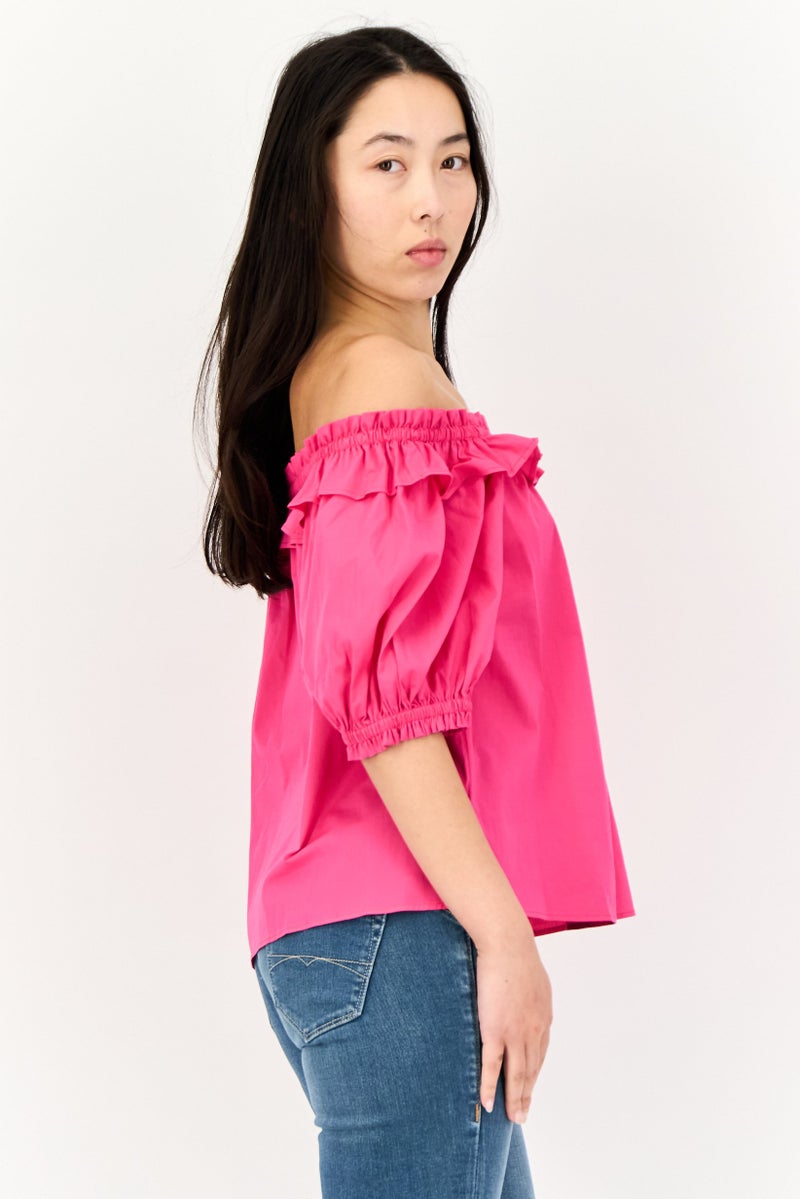 SALSA Women Square Neck Cold Shoulder Ruffle Detail Blouse, Dark Pink - Image 2