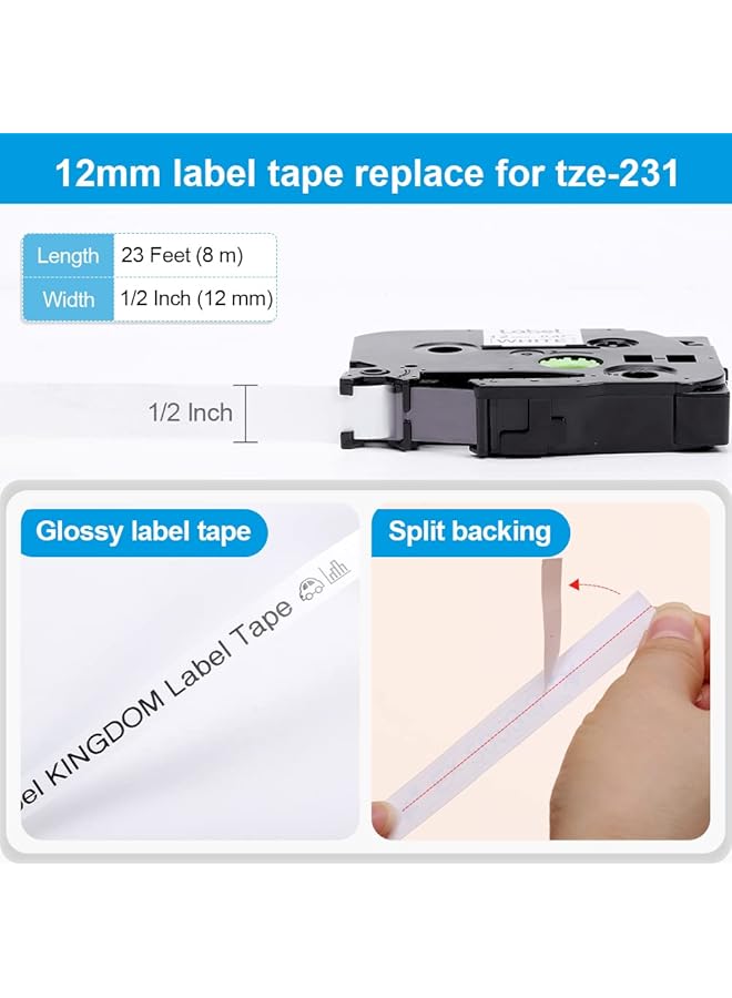 إيروريكس شريط Tze 231 متوافق مع طابعة ملصقات Brother مقاس 12 مم 0.47 شريط ملصقات Brother P Touch H110 مقاس 1.2 بوصة × 23 قدمًا أسود على أبيض لآلة صنع الملصقات Brother Pt H110 D200 D210 D600 عبوة من 5 قطع - Image 2