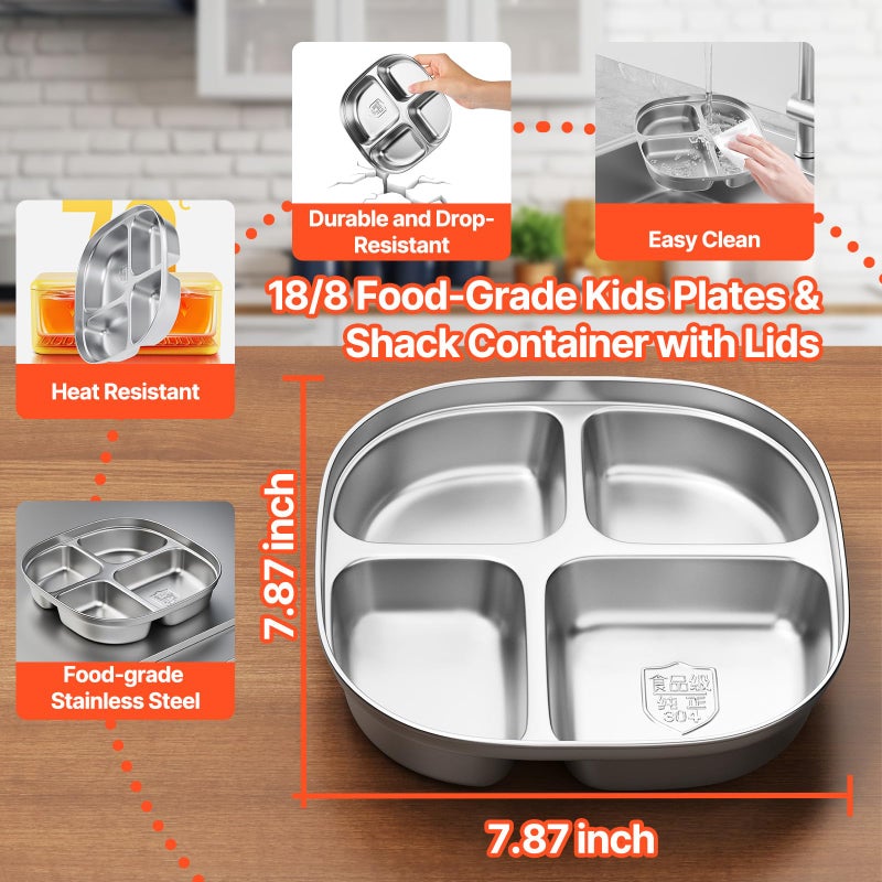 Hyperzacc Stainless Steel Kids Plates,Set of 4 Toddler Plates with Lids - 4 Compartments Stainless Steel Snack Container for Kids Non Toxic & 100% BPA Free - Image 2