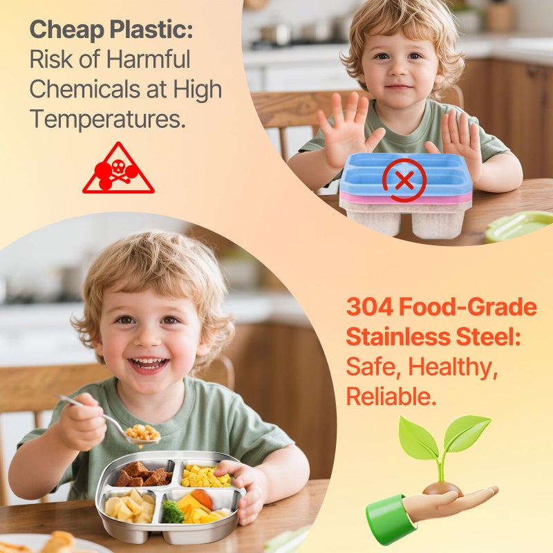 Hyperzacc Stainless Steel Kids Plates,Set of 4 Toddler Plates with Lids - 4 Compartments Stainless Steel Snack Container for Kids Non Toxic & 100% BPA Free - Image 4
