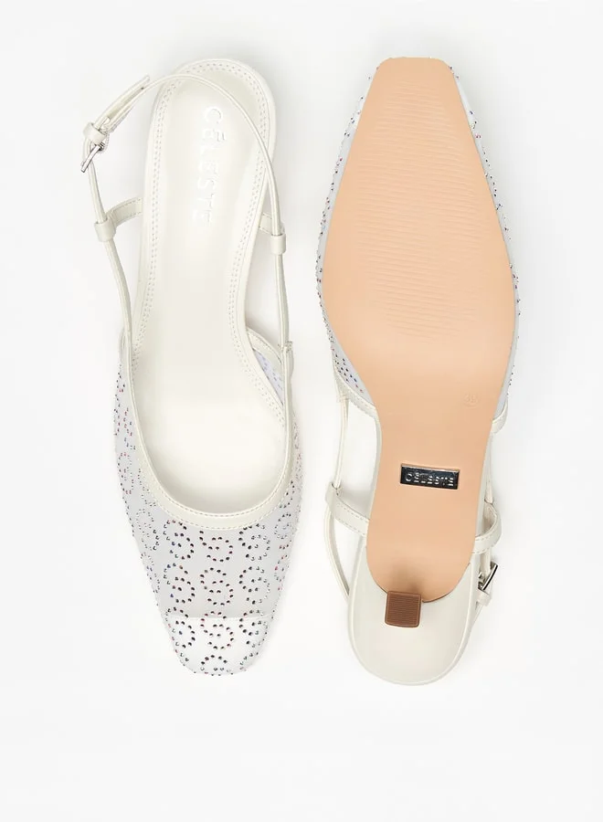 سيليست Women's Embellished Slingback Sandals with Kitten Heels