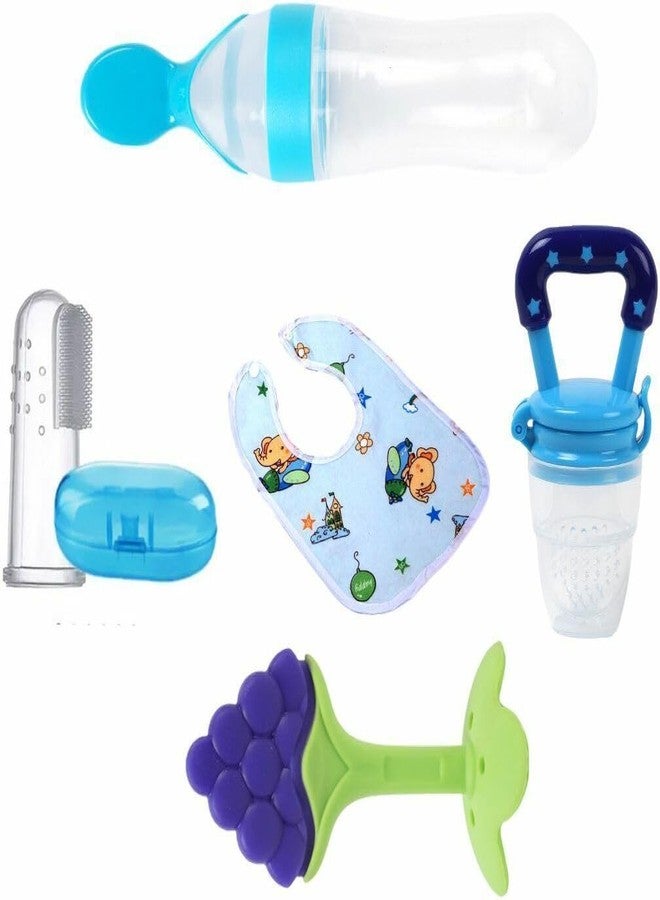 ROFORUF 5-in-1 Baby Feeding & Teething Set | Fruit Shape Teether, Fruit Feeder Pacifier, Finger Toothbrush, Silicone Bib/Apron & Spoon Feeder Bottle | BPA-Free Newborn Essentials Combo (0-12 Months) (pack 5) - Image 1
