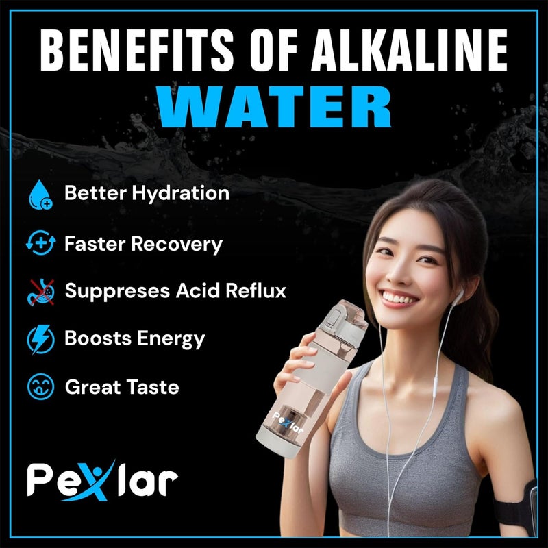 Pexlar Alkaline Water Filter Bottle Alkaline Water Generator Grey 650 ml BPA Free - Image 2