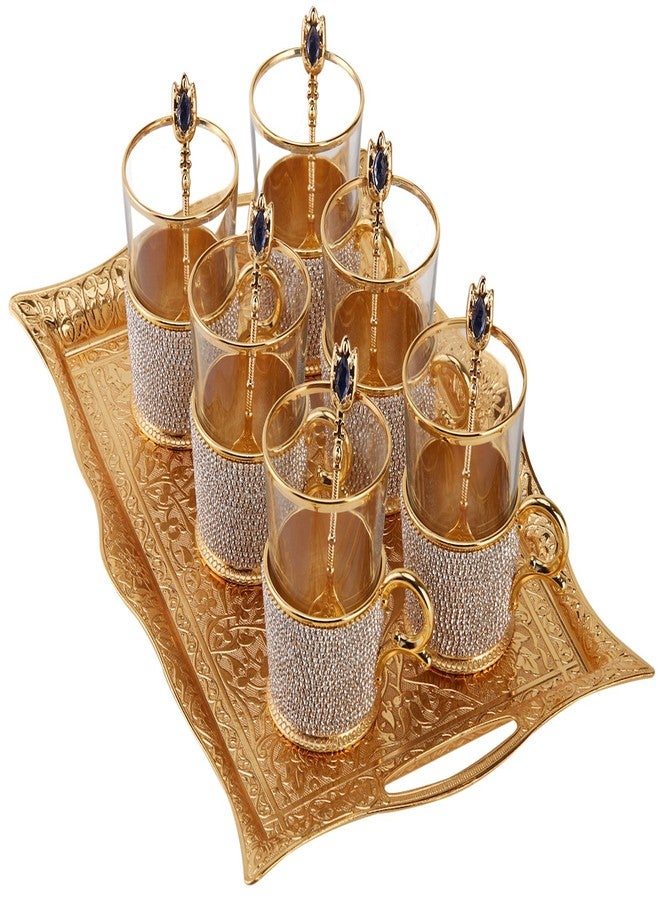 DEMMEX Engraved Turkish Tea and Coffee Serving Tray - Decorative Gold Rectangular Tray for 6, Heavy-Duty Metal, 14.5" x 10", Ideal for Tea and Coffee Sets, Elegant Home Accent and Centerpiece - Image 3