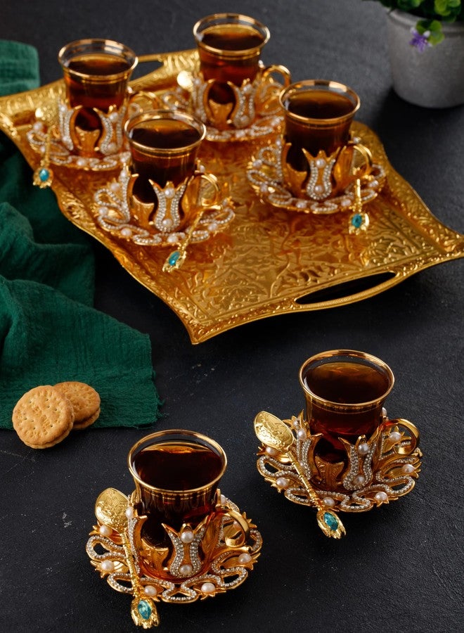 DEMMEX Engraved Turkish Tea and Coffee Serving Tray - Decorative Gold Rectangular Tray for 6, Heavy-Duty Metal, 14.5" x 10", Ideal for Tea and Coffee Sets, Elegant Home Accent and Centerpiece - Image 2