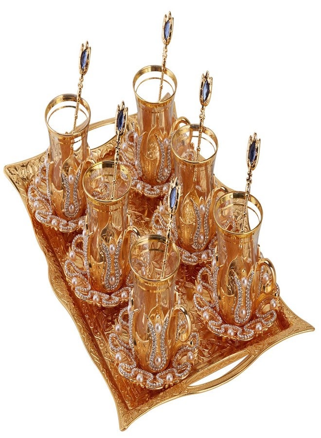 DEMMEX Engraved Turkish Tea and Coffee Serving Tray - Decorative Gold Rectangular Tray for 6, Heavy-Duty Metal, 14.5" x 10", Ideal for Tea and Coffee Sets, Elegant Home Accent and Centerpiece - Image 4