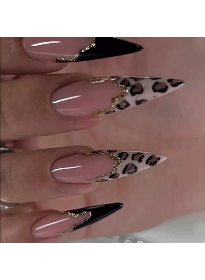 French Leopard Print Press-On Nails | Extra Long Stiletto Fake Nails for Fall & Winter - Fashion False Nails for Women - Image 1