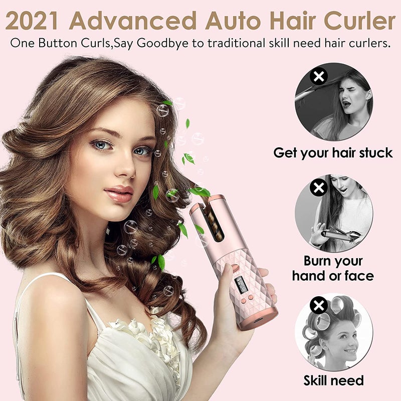 Unbound Cordless Auto Rotating Ceramic Hair Curler USB Rechargeable Automatic Curling Iron LED Display Temperature Wave Curler Gold Color - Image 5