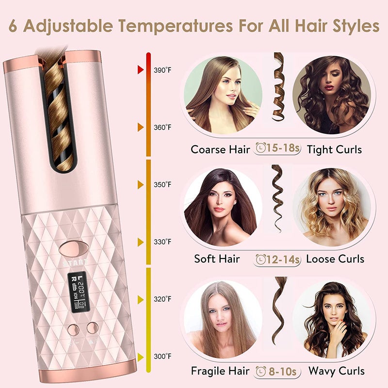 Unbound Cordless Auto Rotating Ceramic Hair Curler USB Rechargeable Automatic Curling Iron LED Display Temperature Wave Curler Gold Color - Image 3