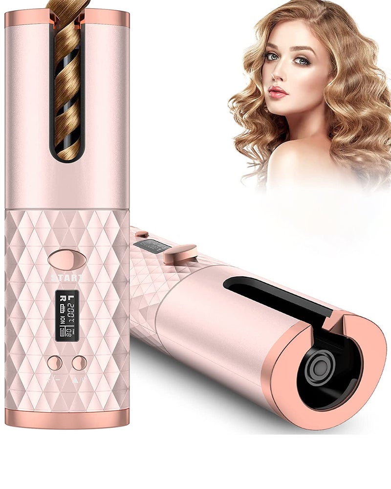Unbound Cordless Auto Rotating Ceramic Hair Curler USB Rechargeable Automatic Curling Iron LED Display Temperature Wave Curler Gold Color - Image 1