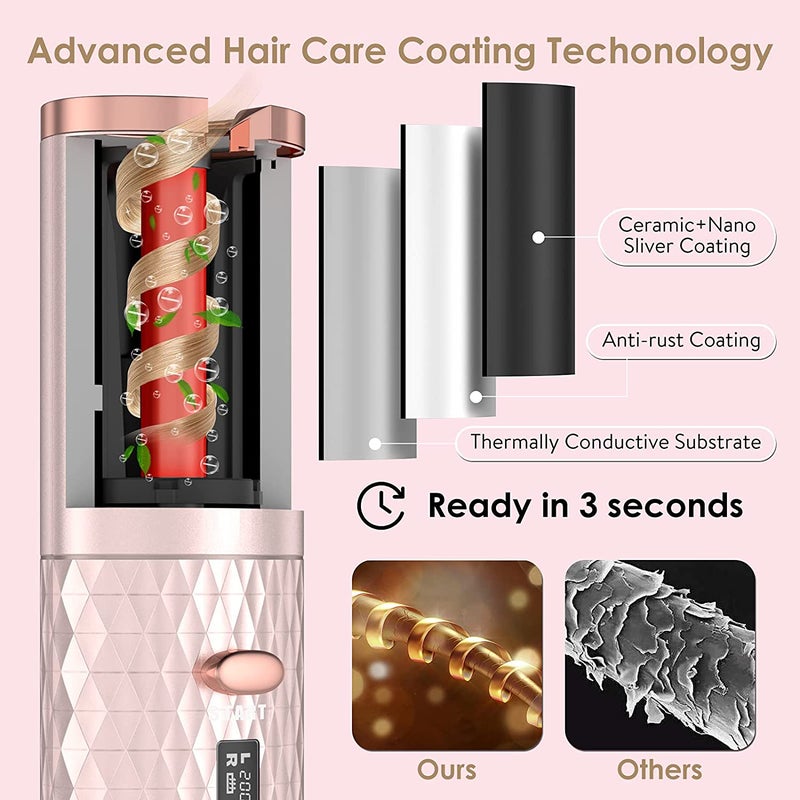 Unbound Cordless Auto Rotating Ceramic Hair Curler USB Rechargeable Automatic Curling Iron LED Display Temperature Wave Curler Gold Color - Image 2