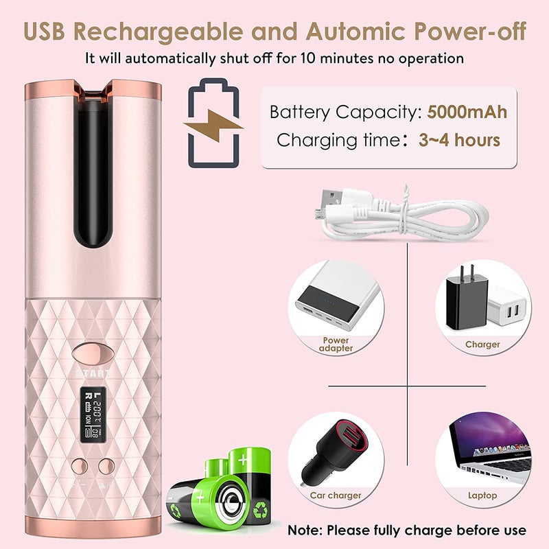 Unbound Cordless Auto Rotating Ceramic Hair Curler USB Rechargeable Automatic Curling Iron LED Display Temperature Wave Curler Gold Color - Image 4
