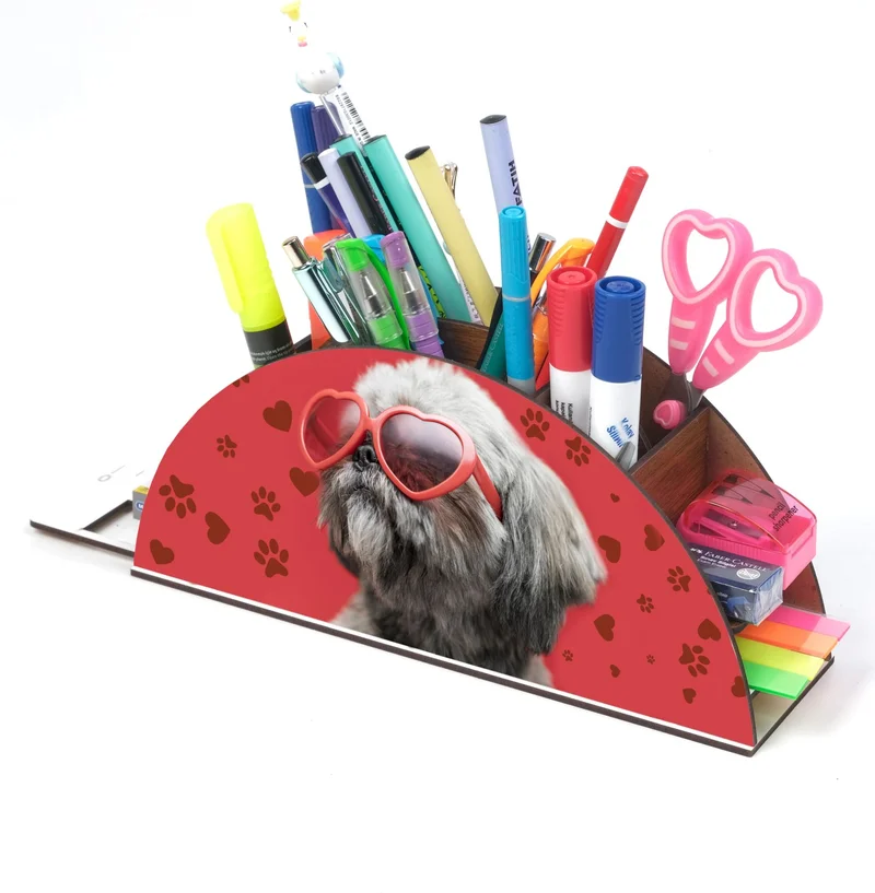 نوتبا Wooden Dog with Glasses Rainbow Ruler Desktop Pen Holder Box Organizer For Kids GK132