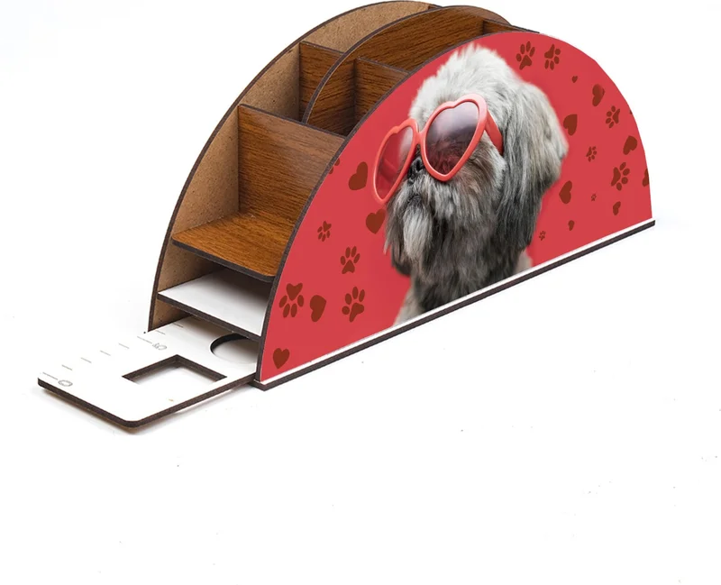 نوتبا Wooden Dog with Glasses Rainbow Ruler Desktop Pen Holder Box Organizer For Kids GK132