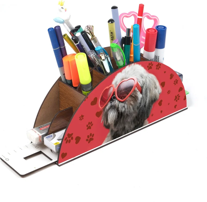 نوتبا Wooden Dog with Glasses Rainbow Ruler Desktop Pen Holder Box Organizer For Kids GK132