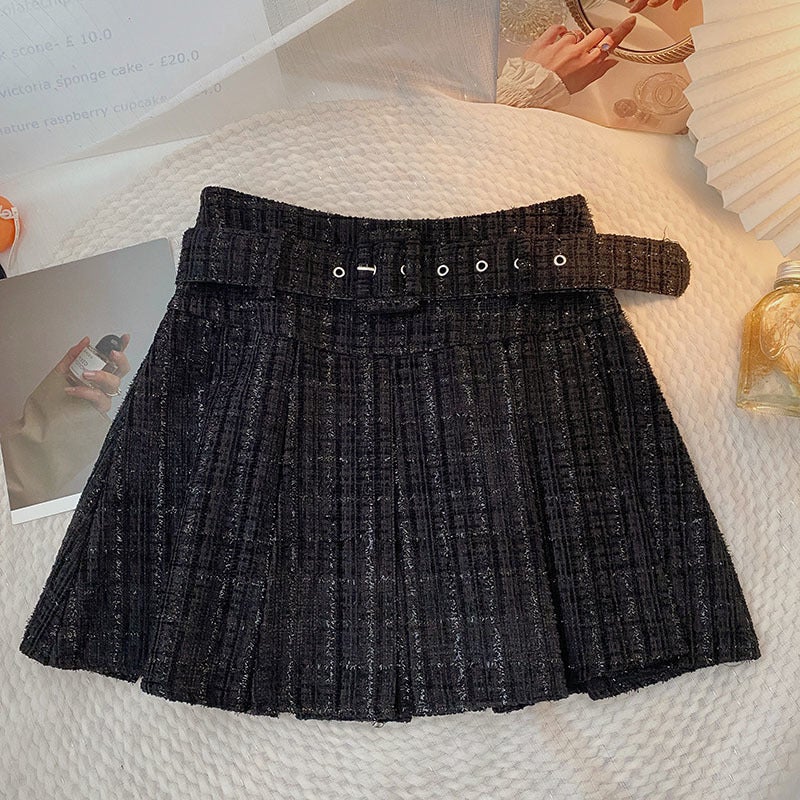 With Belt Small Fragrant Style A- shaped Pleated Skirt High Waist Slimming Skirt Autumn and Winter New Short Skirt Anti-running Skirt Women Black with safety pants]