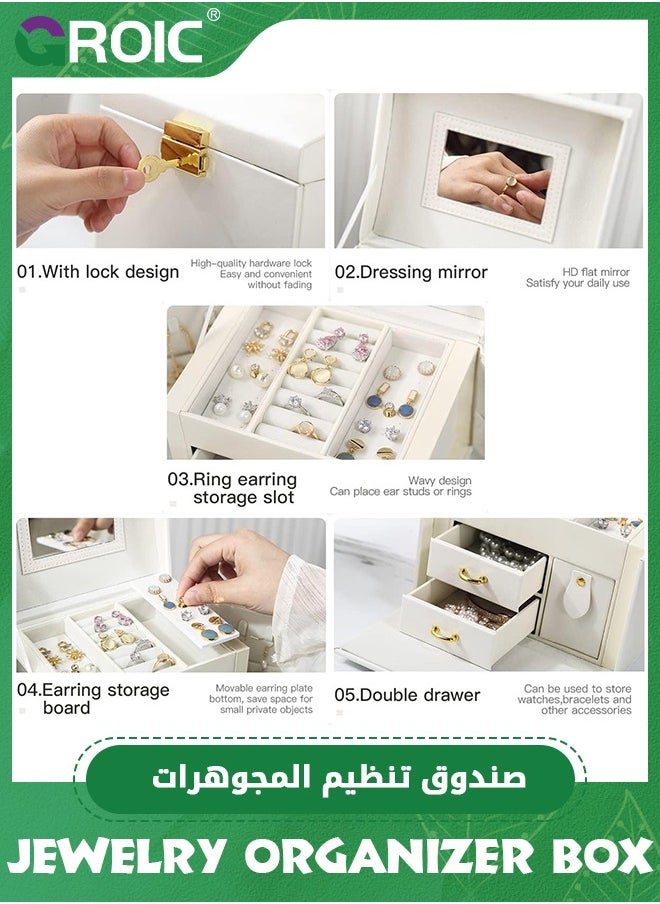 GROIC Jewelry Box Organizer for Women Girls,3 Layer Leather Jewelry Storage Box with Lock and Removable Tray,for Necklace Earrings Rings Bracelets  - Image 3