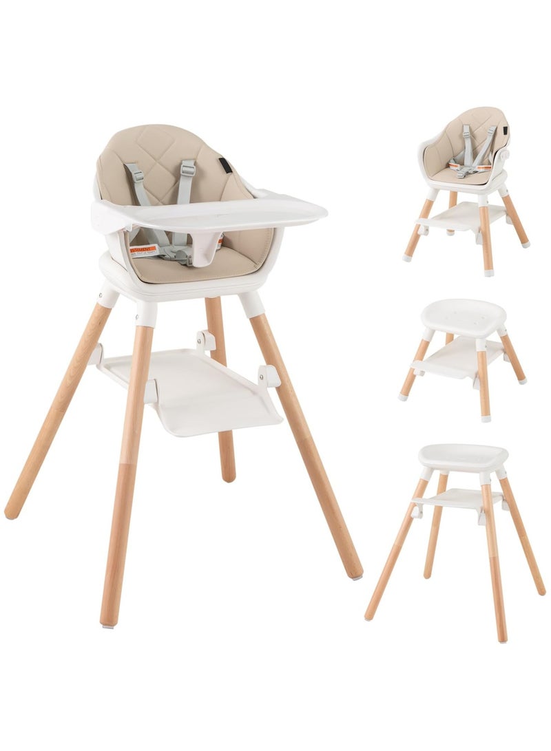 NANAO Baby High Chair, 6 In 1 Convertible Wooden Highchair for Babies and Toddlers/Toddler Chair/Bar Stool, Removable Double Tray & Reversible Footrest, Safety Harness for Infant Boys Girls - Image 1