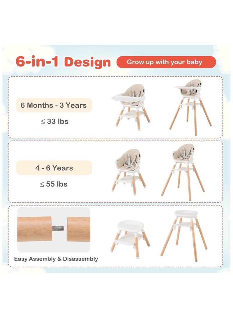 NANAO Baby High Chair, 6 In 1 Convertible Wooden Highchair for Babies and Toddlers/Toddler Chair/Bar Stool, Removable Double Tray & Reversible Footrest, Safety Harness for Infant Boys Girls - Image 3