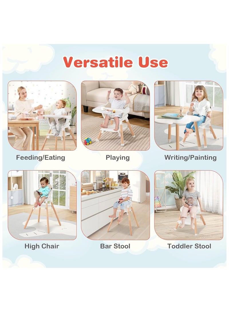 NANAO Baby High Chair, 6 In 1 Convertible Wooden Highchair for Babies and Toddlers/Toddler Chair/Bar Stool, Removable Double Tray & Reversible Footrest, Safety Harness for Infant Boys Girls - Image 4