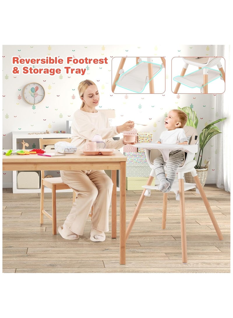 NANAO Baby High Chair, 6 In 1 Convertible Wooden Highchair for Babies and Toddlers/Toddler Chair/Bar Stool, Removable Double Tray & Reversible Footrest, Safety Harness for Infant Boys Girls - Image 2
