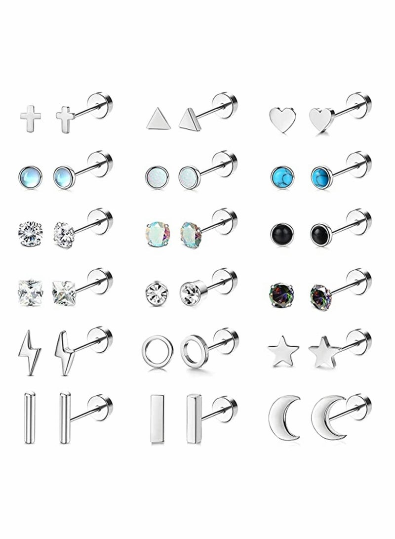 Excefore 18 Pairs Stainless Steel Stud Earrings Set for Women Men Star Moon flower Heart Leaf Opal 20G Cartilage Earrings Hypoallergenic Flatback Earrings Piercing Jewelry - Image 1