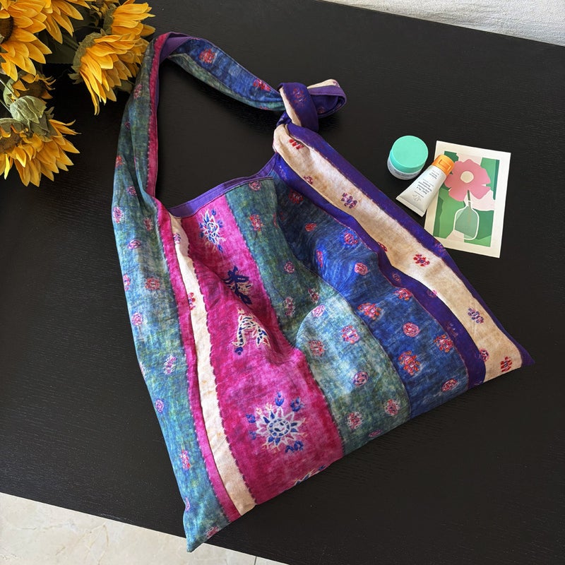 Vintage Canvas Crossbody Bag Purple Striped Adjustable Large Capacity - Image 2