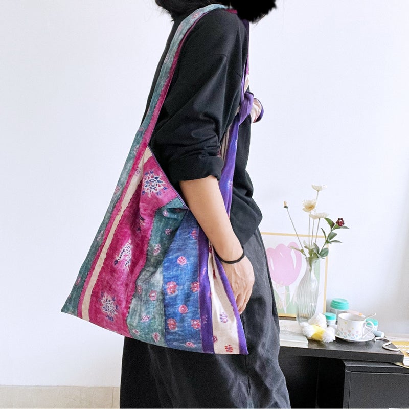 Vintage Canvas Crossbody Bag Purple Striped Adjustable Large Capacity - Image 5
