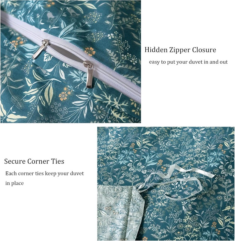 EAVD Reversible Botanical Floral Duvet Cover Queen Soft Cotton Flower Pattern Blue Duvet Cover with 2 Pillowcases Chic Shabby Garden Floral Comforter Set for Girls Women - Image 4