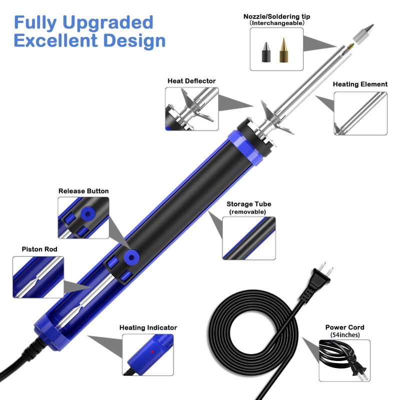 K KERNOWO 929D-V Electric Desoldering Soldering Iron Sucker - Desoldering Pump Tool with 1.0mm & 1.2mm Nozzles, Desoldering Gun with Wick & Cleaning Pin for Through-Hole Solder Removal - Image 4